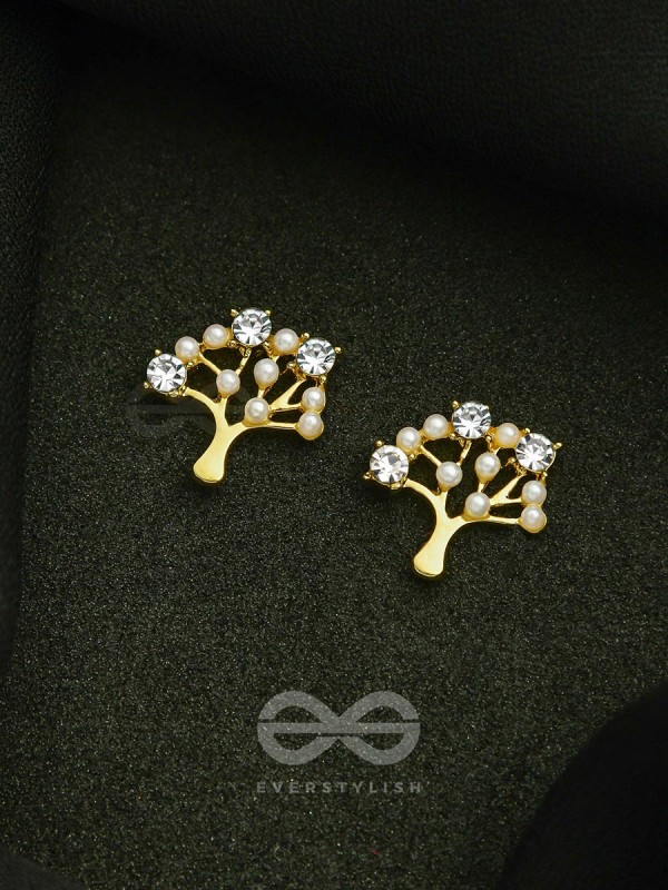 Majestic Bonsai- Pearls and Stones Studded Golden Earrings