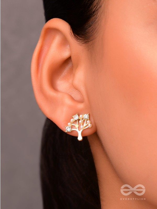 Majestic Bonsai- Pearls and Stones Studded Golden Earrings
