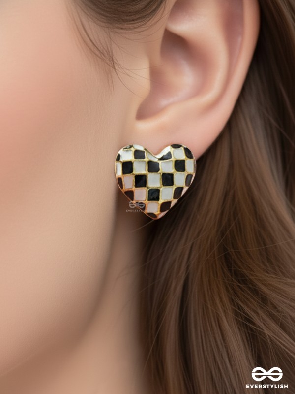 Checkmate- Black and White Enamelled Golden Earrings
