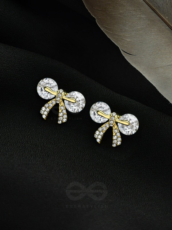 Radiant Ribbons- Gem Stones and Rhinestones Studded Golden Earrings 