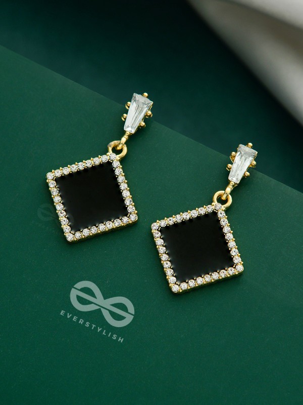 Stygian Squares- Gem Stone and Rhinestones Studded Black and Golden Earrings