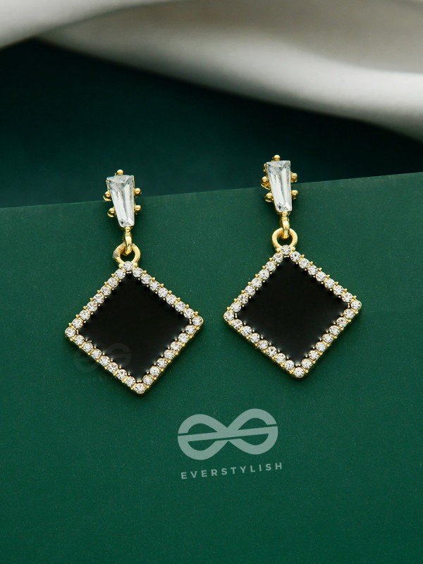 Stygian Squares- Gem Stone and Rhinestones Studded Black and Golden Earrings