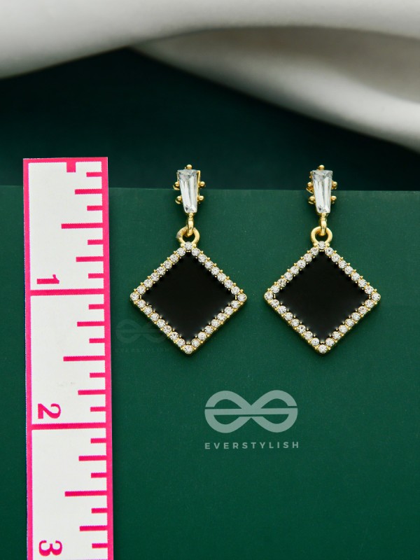 Stygian Squares- Gem Stone and Rhinestones Studded Black and Golden Earrings