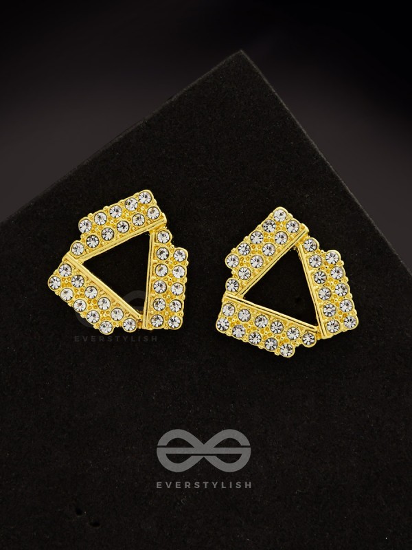Twisted Triangles- Rhinestones Encrusted Golden Earrings