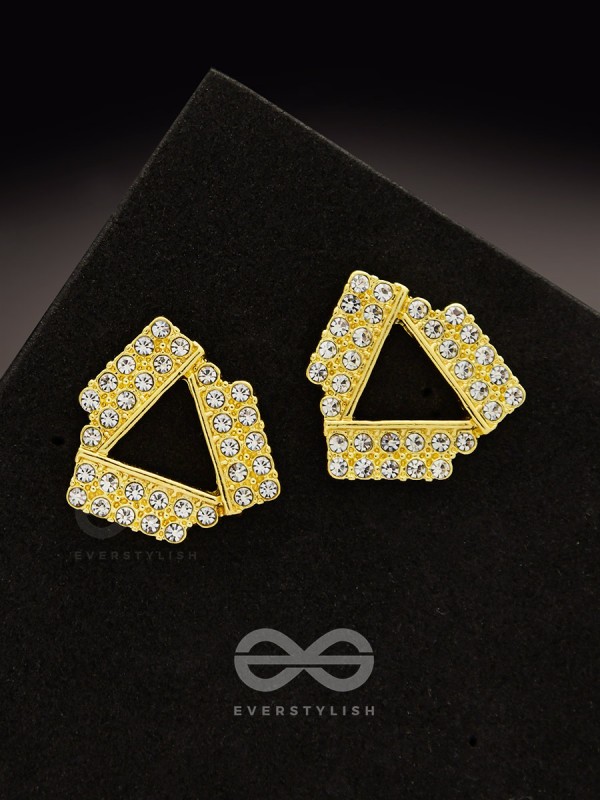 Twisted Triangles- Rhinestones Encrusted Golden Earrings