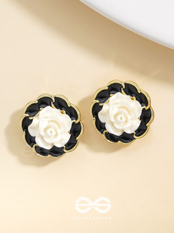 Rosy Dusk- Black and White Enamelled Golden Earrings