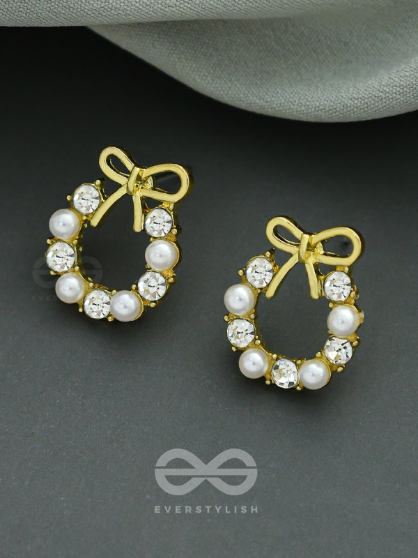 Pearl-fect Bows - Pearl and CZ Stone Studded Golden Earrings