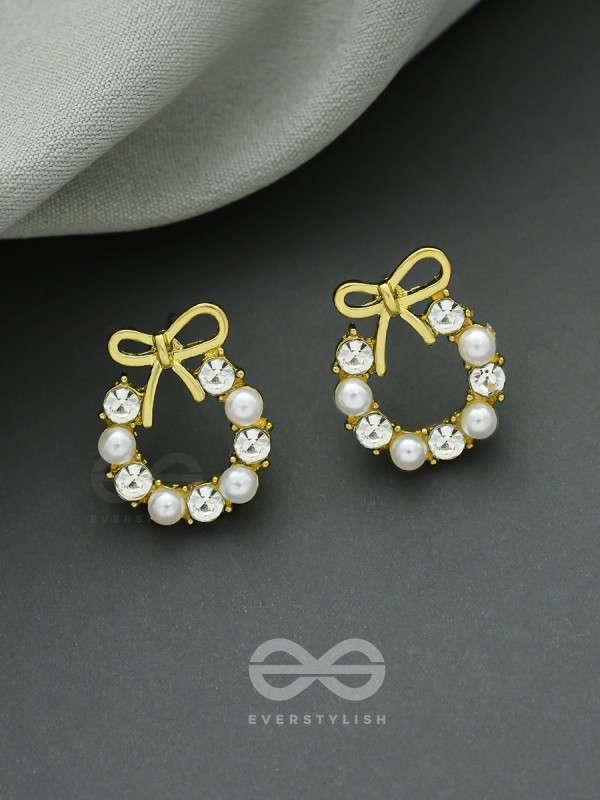 Pearl-fect Bows - Pearl and CZ Stone Studded Golden Earrings