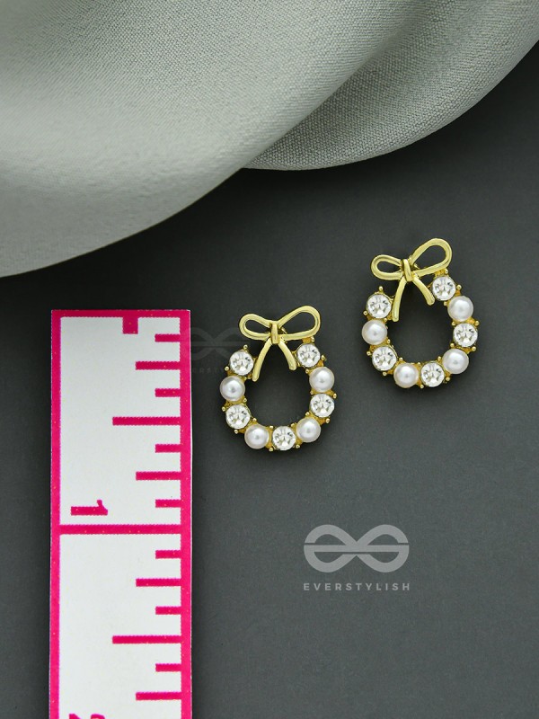 Pearl-fect Bows - Pearl and CZ Stone Studded Golden Earrings