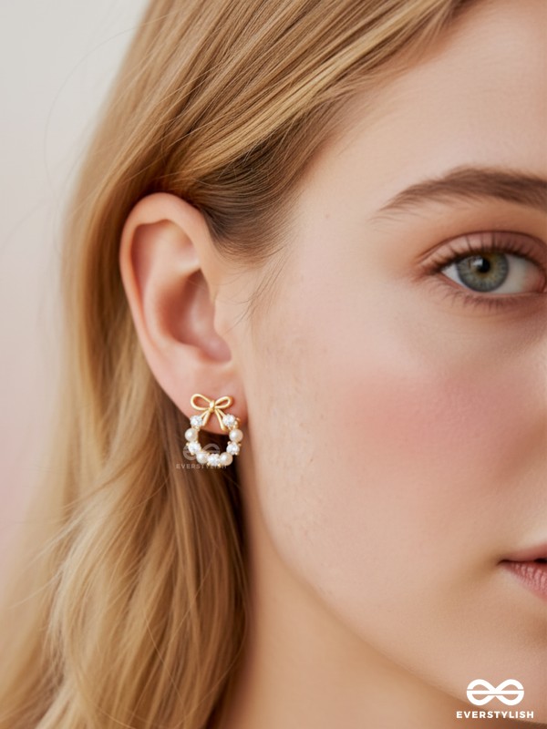 Pearl-fect Bows - Pearl and CZ Stone Studded Golden Earrings