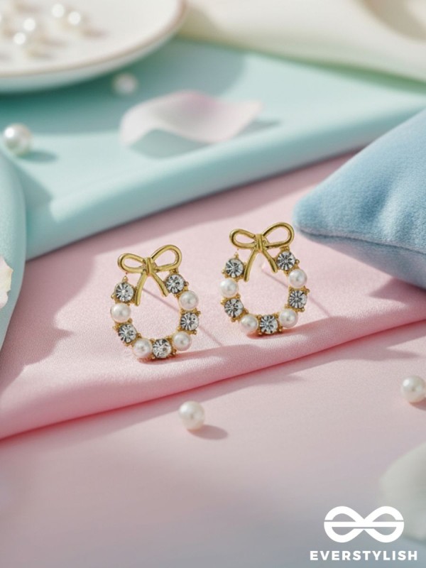 Pearl-fect Bows - Pearl and CZ Stone Studded Golden Earrings