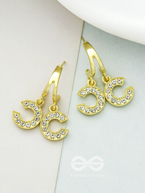 I 'C' You- Rhinestones Encrusted Golden Earrings