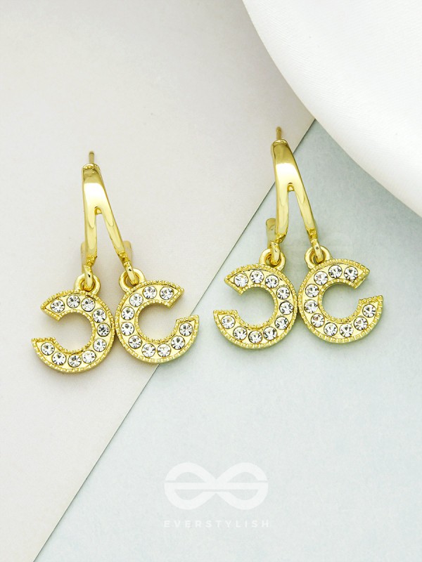 I 'C' You- Rhinestones Encrusted Golden Earrings