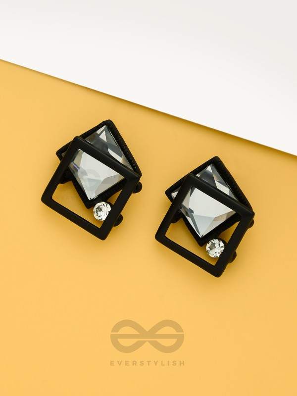 Muddled Frames- Black and White Solitaire Studded Earrings