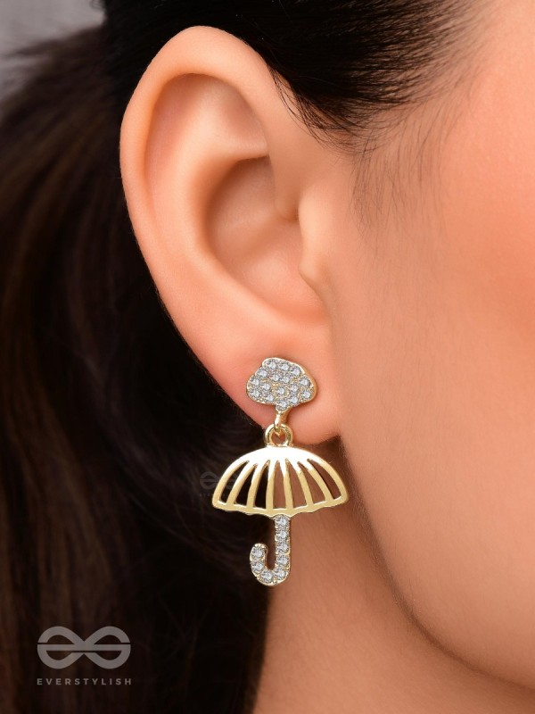 Rainy Day- CZ Stones Studded Golden Umbrella-Shaped Earrings