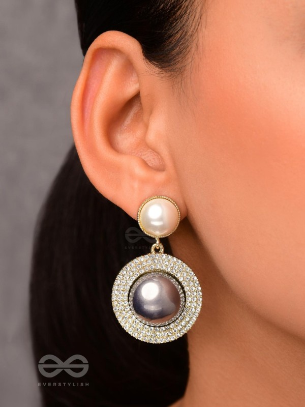 The Ashen Sun- Rhinestones Studded Grey and White Pearl Earrings