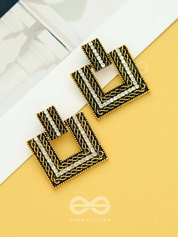 Geometric Grace - Rhinestone Encrusted Golden Earrings