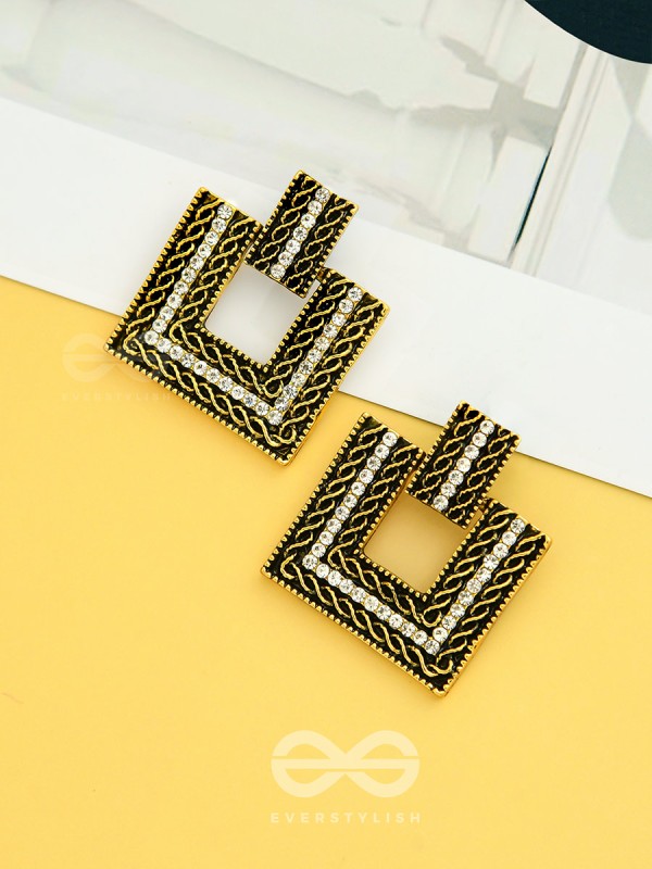 Geometric Grace - Rhinestone Encrusted Golden Earrings
