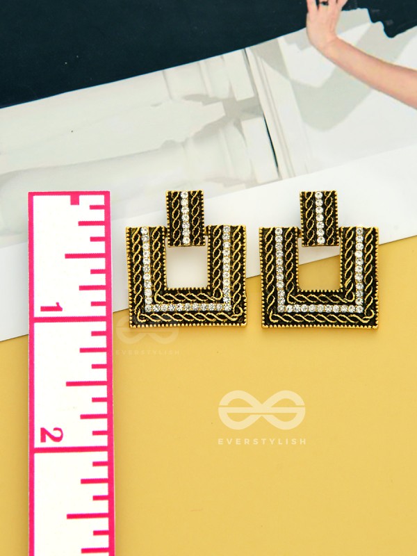 Geometric Grace - Rhinestone Encrusted Golden Earrings