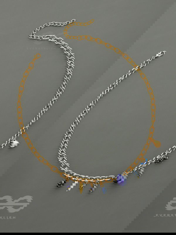 Fragments of the Sky- Blue Crystals Studded Golden Necklace