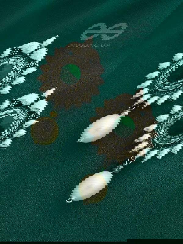 The Emerald Sun- Green Crystal Encrusted Silver Pearl Earrings