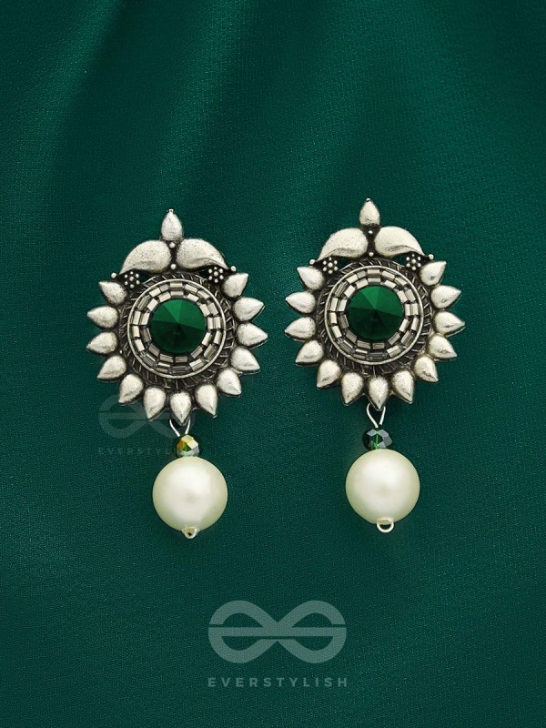 The Emerald Sun- Green Crystal Encrusted Silver Pearl Earrings