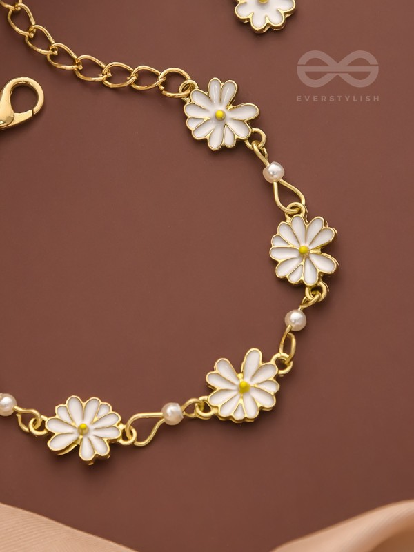 The Valley of Flowers- Enamelled Golden Bracelet (White)