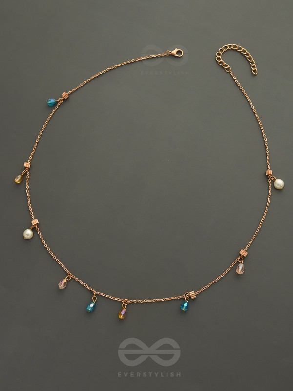 Rain In Paradise- Pearls And Crystals Studded Golden Necklace With Anti-Tarnish Coating