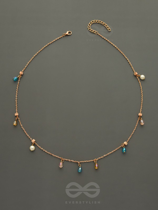 Rain In Paradise- Pearls And Crystals Studded Golden Necklace With Anti-Tarnish Coating