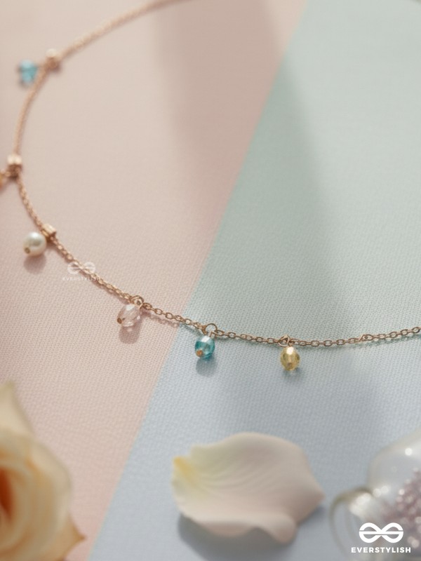 Rain In Paradise- Pearls And Crystals Studded Golden Necklace With Anti-Tarnish Coating
