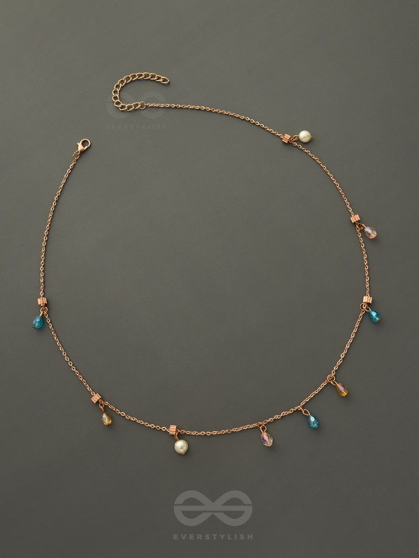 Rain In Paradise- Pearls And Crystals Studded Golden Necklace With Anti-Tarnish Coating