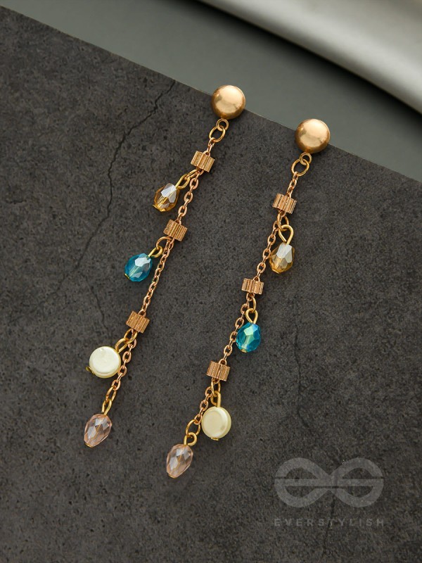 The Ice Crystal Trail- Blue Crystal and Pearl Studded Golden Earrings