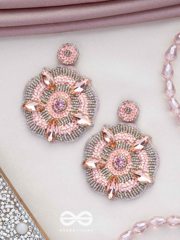 UTTMANSH- THE FASCINATING FLOWER- STONE AND BEADS EMBROIDERED EARRINGS (PALE PINK)
