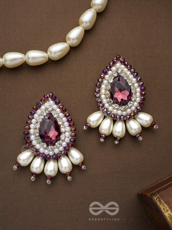 LAVANYA- THE GRACEFUL ONE- STONE, PEARLS, AND GLASS BEADS EMBROIDERED EARRINGS (ROSEWOOD RED)