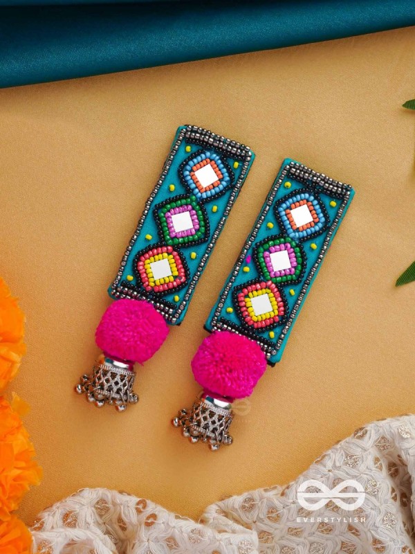 VARNAD- THE COLORFUL- BEADS AND MIRRORS EMBROIDERED EARRINGS (Parakeet Green, Ebony & Fuchsia Pink)