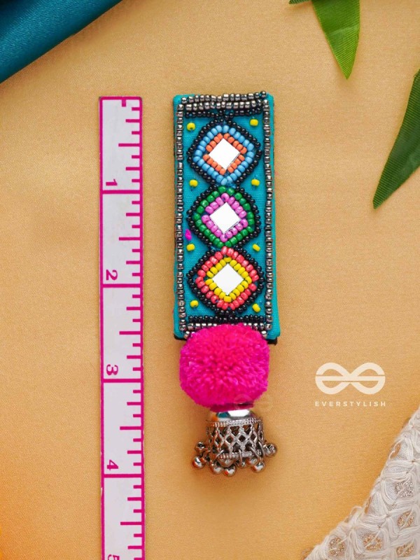 VARNAD- THE COLORFUL- BEADS AND MIRRORS EMBROIDERED EARRINGS (Parakeet Green, Ebony & Fuchsia Pink)