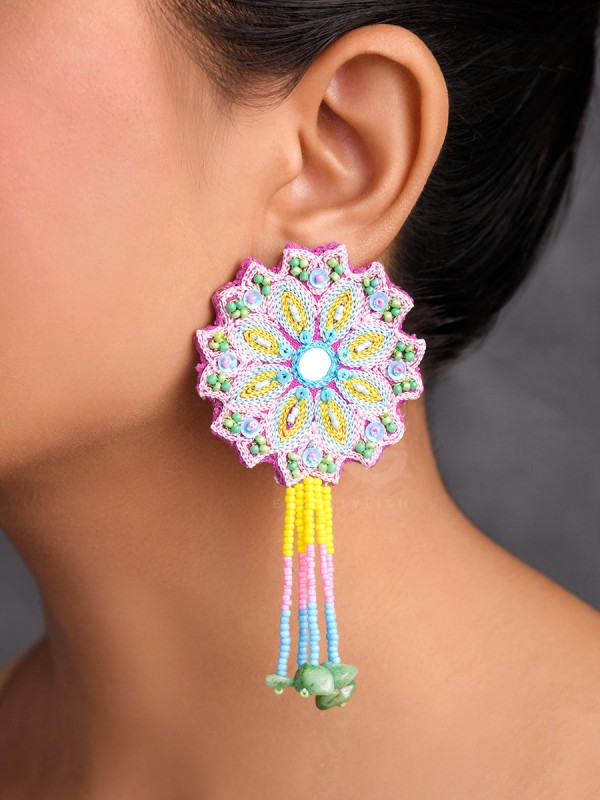Vyoman- The Skies- Mirror , Resham , Beads and Sequins Embroidered Earrings (Multicoloured)