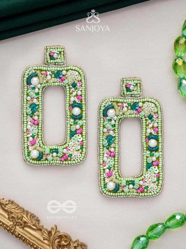Aardratva - The Verdant - Sequins, Pearls And Beads Hand Embroidered Earrings (Lime Green)