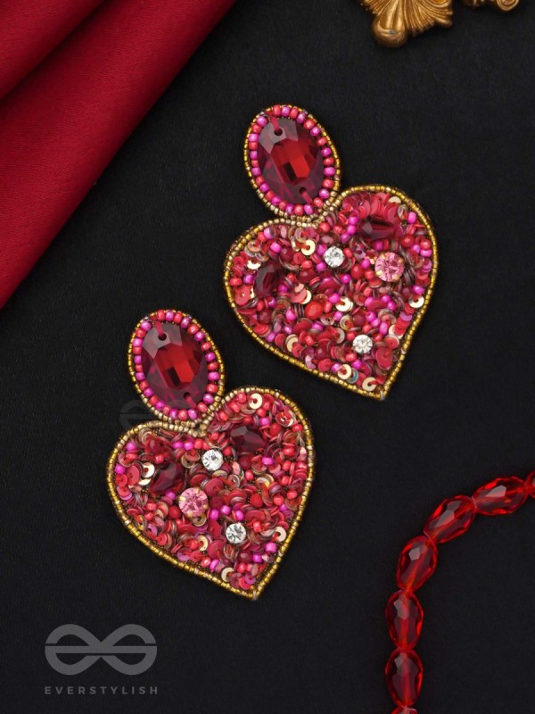 ANTASHTHA- THE HEART- STONES, SEQUINS AND BEADS EMBROIDERED EARRINGS (Crimson)