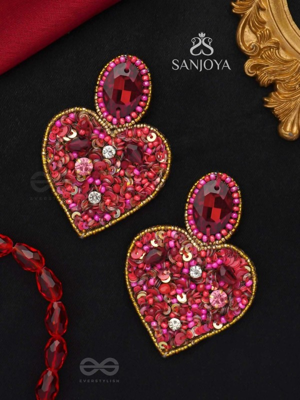  ANTASHTHA- THE HEART- STONES, SEQUINS AND BEADS EMBROIDERED EARRINGS (Crimson)