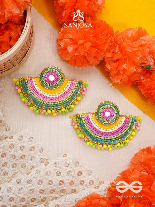 AARUNYA- THE FIRST SUNRAY- BEADS, SEQUINS AND MIRROR EMBROIDERED EARRINGS (MULTICOLOURED)