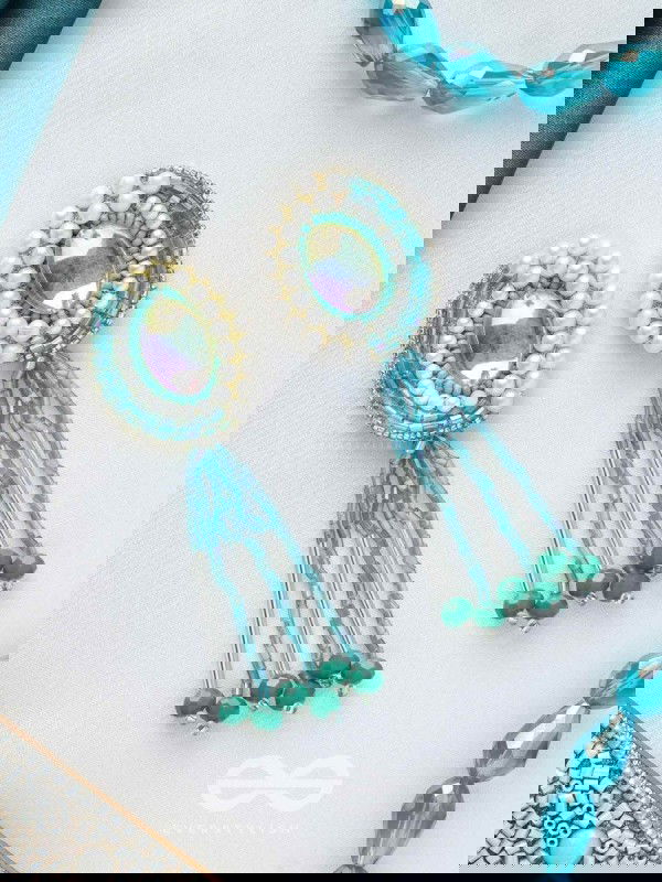 Mandalaka- The Majestic Mirror- Stone, Pearls and Beads Embroidered Earrings (Arctic Blue)