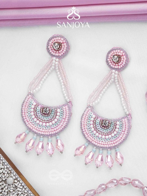 Utksiptika - The Glorious Crescent - Beads, Sequins And Glass Drops Hand Embroidered Earrings (Blush Pink & Mint Green)