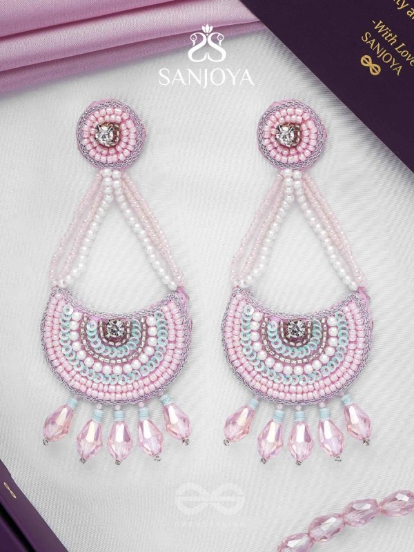 Utksiptika - The Glorious Crescent - Beads, Sequins And Glass Drops Hand Embroidered Earrings (Blush Pink & Mint Green)