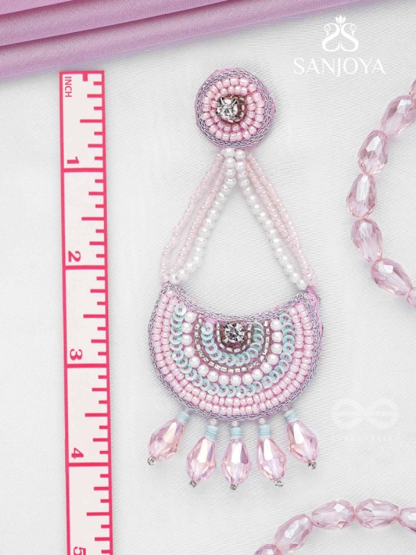 Utksiptika - The Glorious Crescent - Beads, Sequins And Glass Drops Hand Embroidered Earrings (Blush Pink & Mint Green)