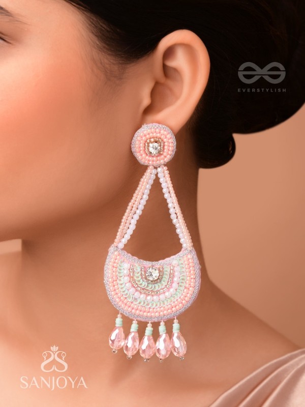 Utksiptika - The Glorious Crescent - Beads, Sequins And Glass Drops Hand Embroidered Earrings (Blush Pink & Mint Green)