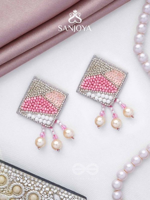 Chaturashra- The Charming Square- Beads and Pearls Embroidered Earrings (Blush & Fuchsia Pink)