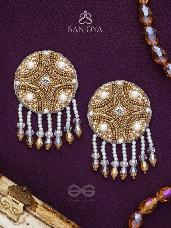 Parinataruna - The Setting Sun - Beads, Pearls, Dabka And Glass Drops Hand Embroidered Earrings (Copper Brown)