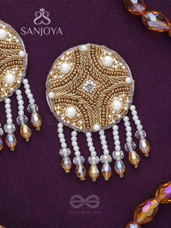 Parinataruna - The Setting Sun - Beads, Pearls, Dabka And Glass Drops Hand Embroidered Earrings (Copper Brown)