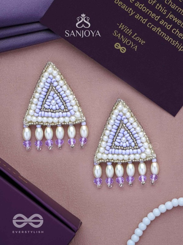 Suchyagra- The Eternal Pyramid- Pearls, Beads and Glass Beads Embroidered Earrings (Orchid Purple)